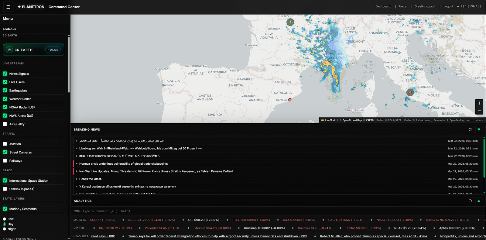Planetron Command Center in day theme with world map and data panels