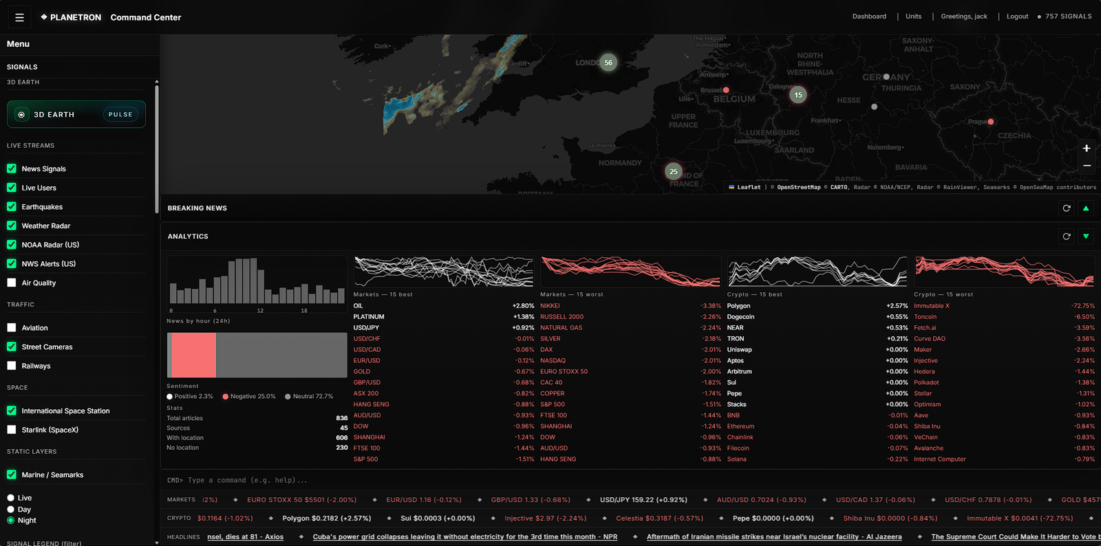 Planetron Command Center at night with dark UI and illuminated map