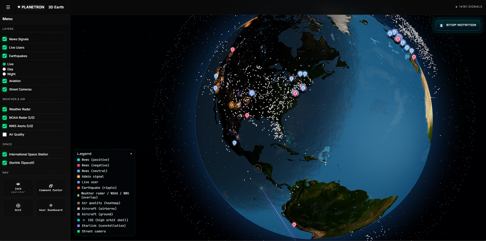 Planetron 3D Earth with side menu open showing layer toggles