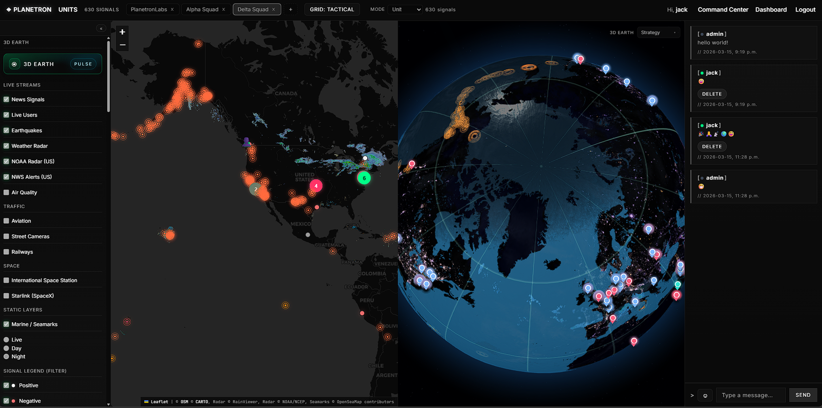 Planetron unit interface with top navigation and Earth view