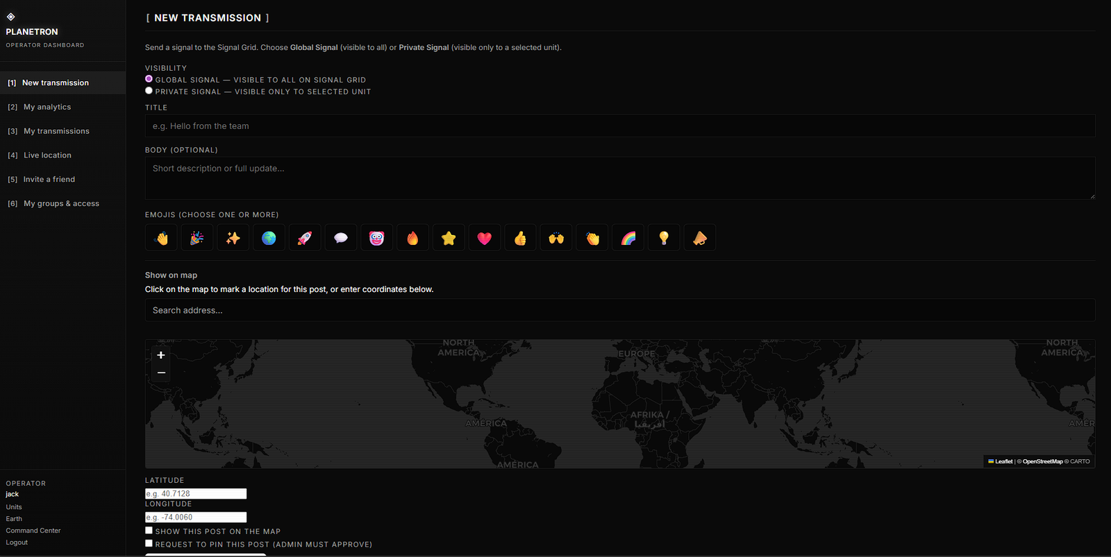 Planetron user dashboard home screen